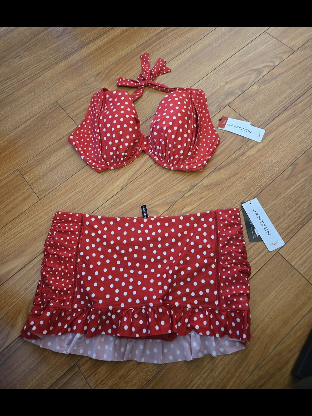 Jantzen Red White Polka Dot Halter Bikini Top & Skirted Bottom
